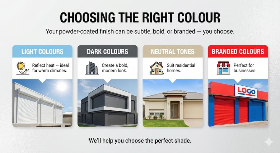 A variety of powder coated colour samples for roller shutter doors