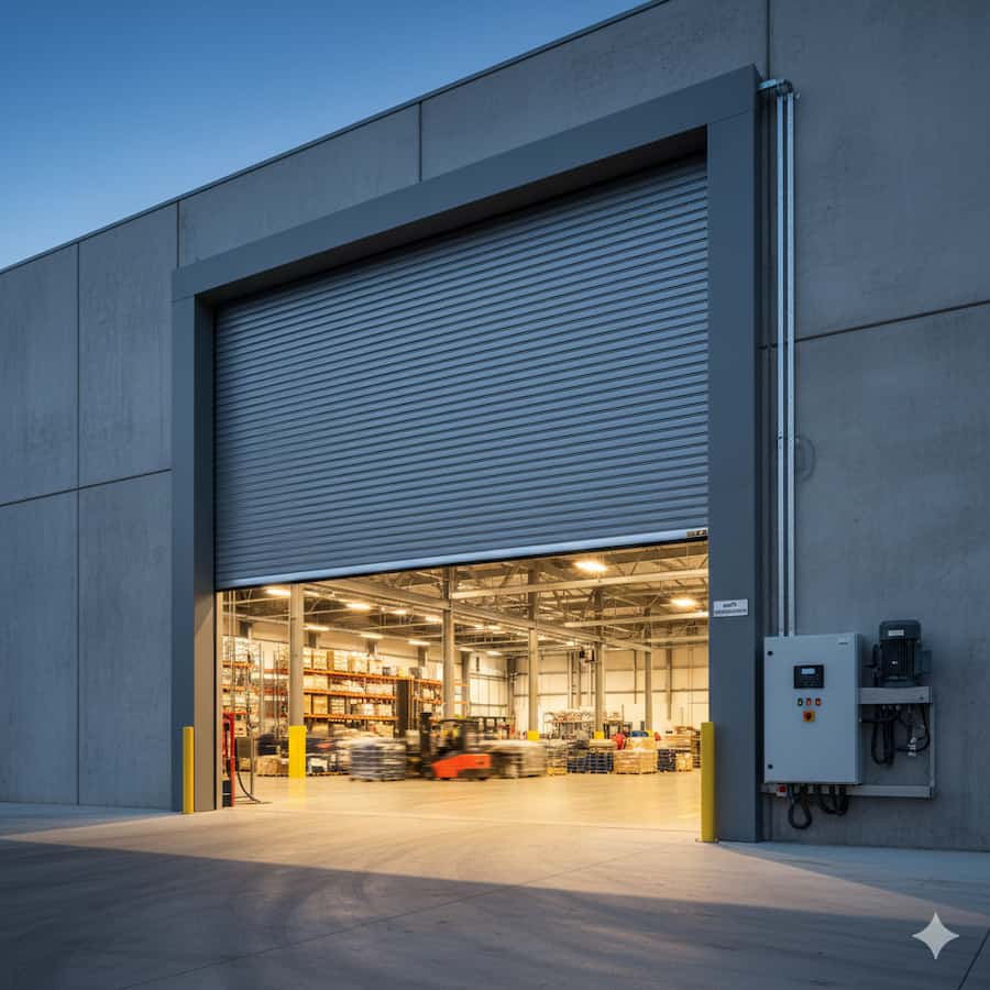 Image of a large, custom-sized roller shutter door installation