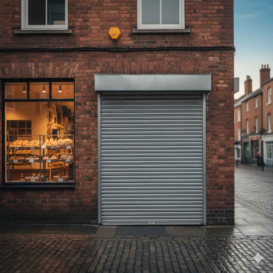 A closed push-up roller shutter door, illustrating its durable and space-saving design.