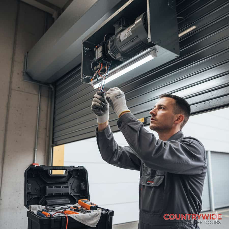 Technician working on a roller shutter door motor.
