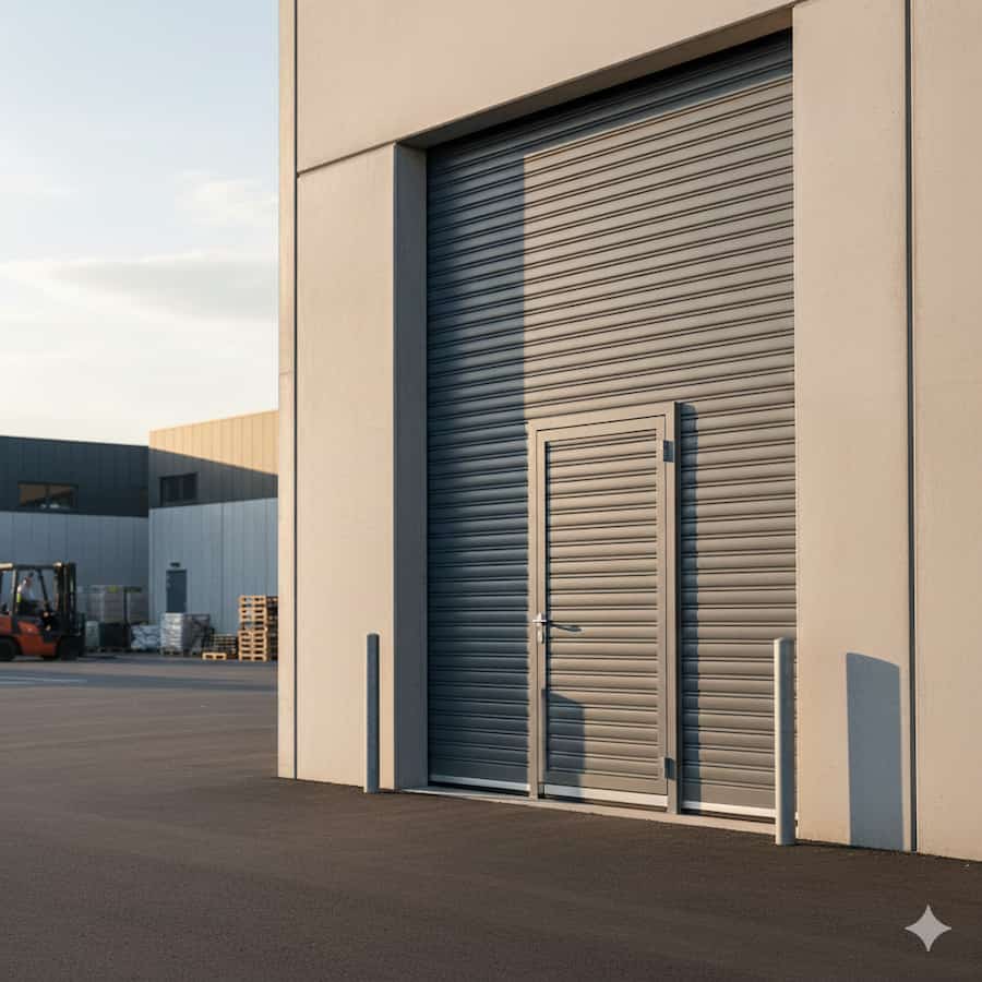 Image of a large, custom-sized roller shutter door installation with a wicket gate